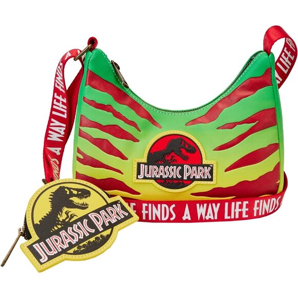 Jurassic Park 30th Anniv Crossbody Bag Vegan Leather Yellow Green Red Stripes